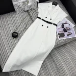 Dior Women Mid-Length Belted Dress Ecru Virgin Wool and Silk Grain de Poudre