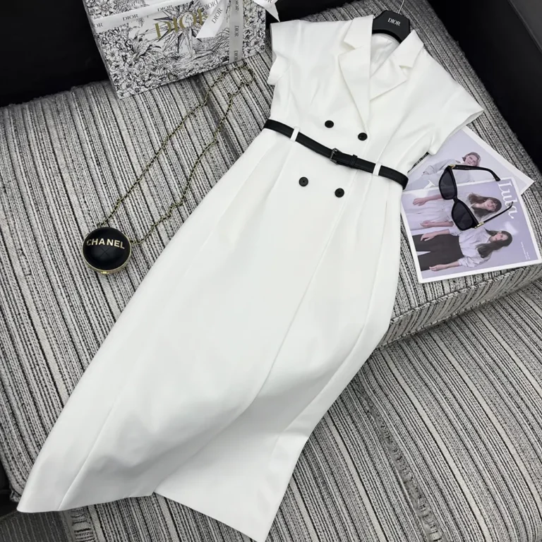 Dior Women Mid-Length Belted Dress Ecru Virgin Wool and Silk Grain de Poudre
