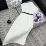 Dior Women Mid-Length Belted Dress Ecru Virgin Wool and Silk Grain de Poudre