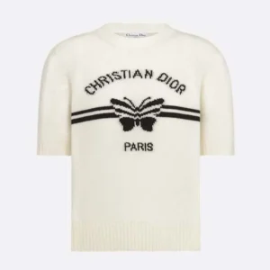 Short-Sleeved Sweater White Cashmere Knit with Black Christian Dior Papillon Motif