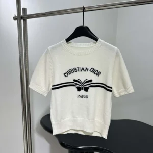 Short-Sleeved Sweater White Cashmere Knit with Black Christian Dior Papillon Motif