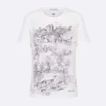 Dior Men T-Shirt White Cotton and Linen Jersey with Black Toile de Jouy Scotland Motif