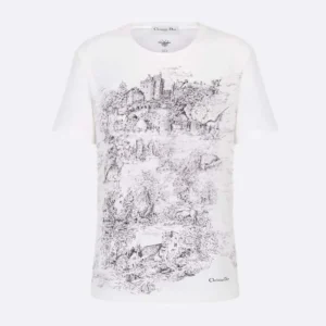Dior Men T-Shirt White Cotton and Linen Jersey with Black Toile de Jouy Scotland Motif