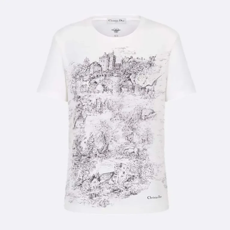 Dior Men T-Shirt White Cotton and Linen Jersey with Black Toile de Jouy Scotland Motif