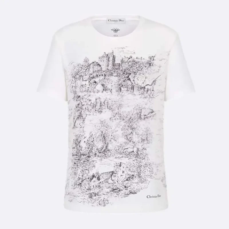 Dior Men T-Shirt White Cotton and Linen Jersey with Black Toile de Jouy Scotland Motif