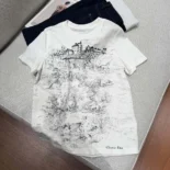 Dior Men T-Shirt White Cotton and Linen Jersey with Black Toile de Jouy Scotland Motif