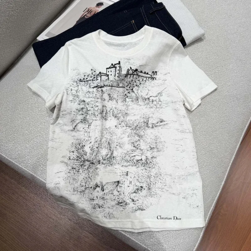 Dior Men T-Shirt White Cotton and Linen Jersey with Black Toile de Jouy Scotland Motif