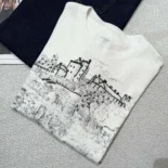 Dior Men T-Shirt White Cotton and Linen Jersey with Black Toile de Jouy Scotland Motif