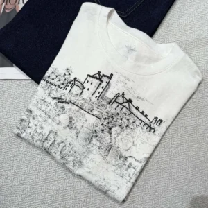 Dior Men T-Shirt White Cotton and Linen Jersey with Black Toile de Jouy Scotland Motif