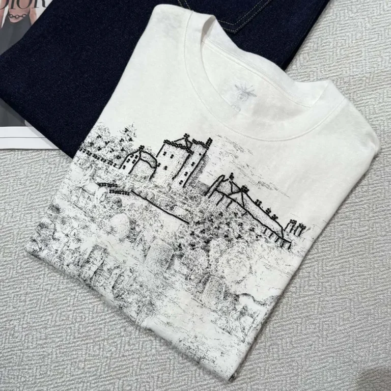 Dior Men T-Shirt White Cotton and Linen Jersey with Black Toile de Jouy Scotland Motif