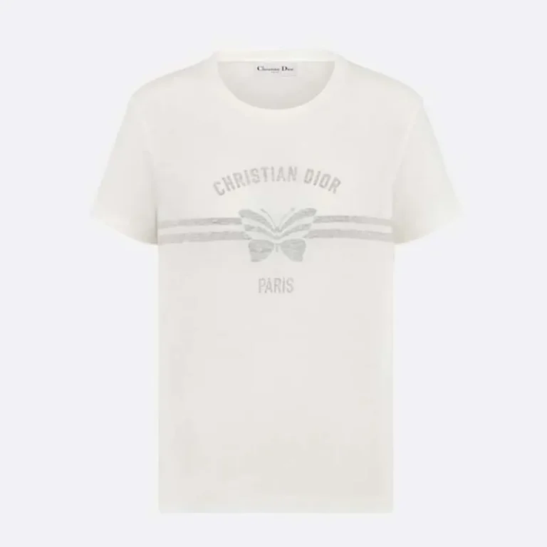 Dior WoT-Shirt White Cotton and Linen Jersey with Gray Christian Dior Papillon Motifmen T-Shirt White Cotton and Linen Jersey with Gray Christian Dior Papillon Motif (1)