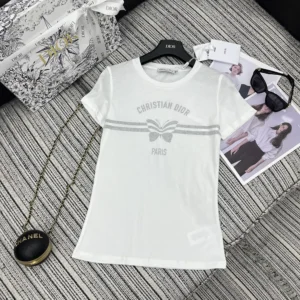 Dior Men T-Shirt White Cotton and Linen Jersey with Gray Christian Dior Papillon Motif