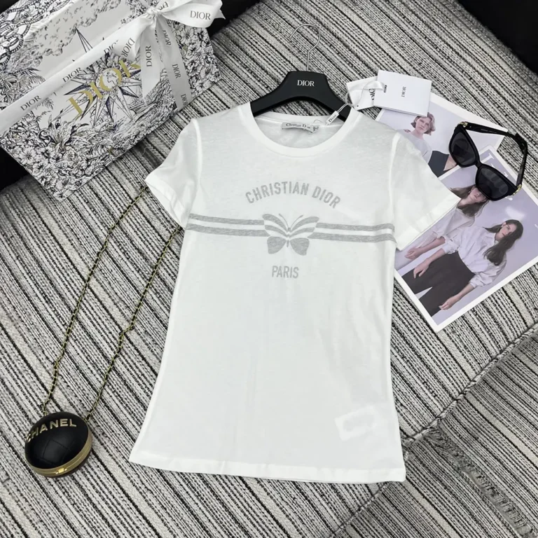 Dior Men T-Shirt White Cotton and Linen Jersey with Gray Christian Dior Papillon Motif