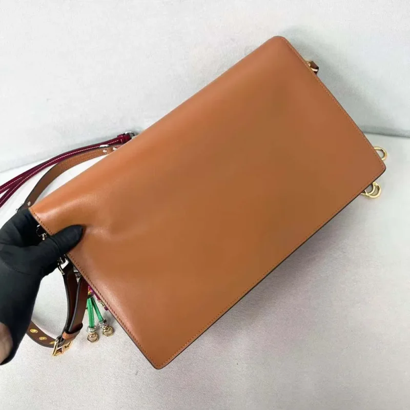 Prada Women Soft Sound Large Leather Shoulder Bag with Charms-Brown