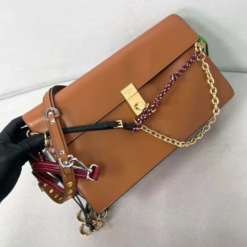 Prada Women Soft Sound Large Leather Shoulder Bag with Charms-Brown