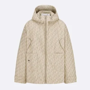 Dior Men Hooded Jacket Beige Technical Jacquard Taffeta with Dior Oblique Motif