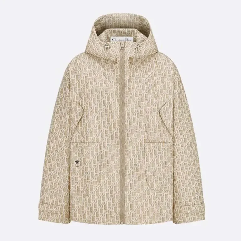 Dior Men Hooded Jacket Beige Technical Jacquard Taffeta with Dior Oblique Motif