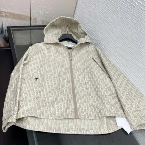 Dior Men Hooded Jacket Beige Technical Jacquard Taffeta with Dior Oblique Motif