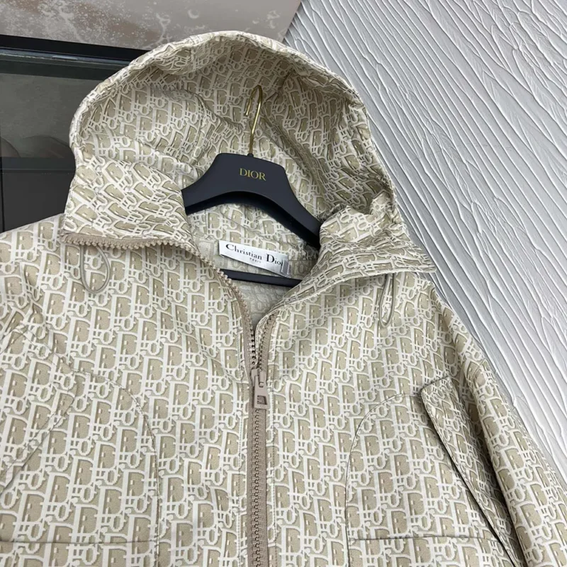 Dior Men Hooded Jacket Beige Technical Jacquard Taffeta with Dior Oblique Motif