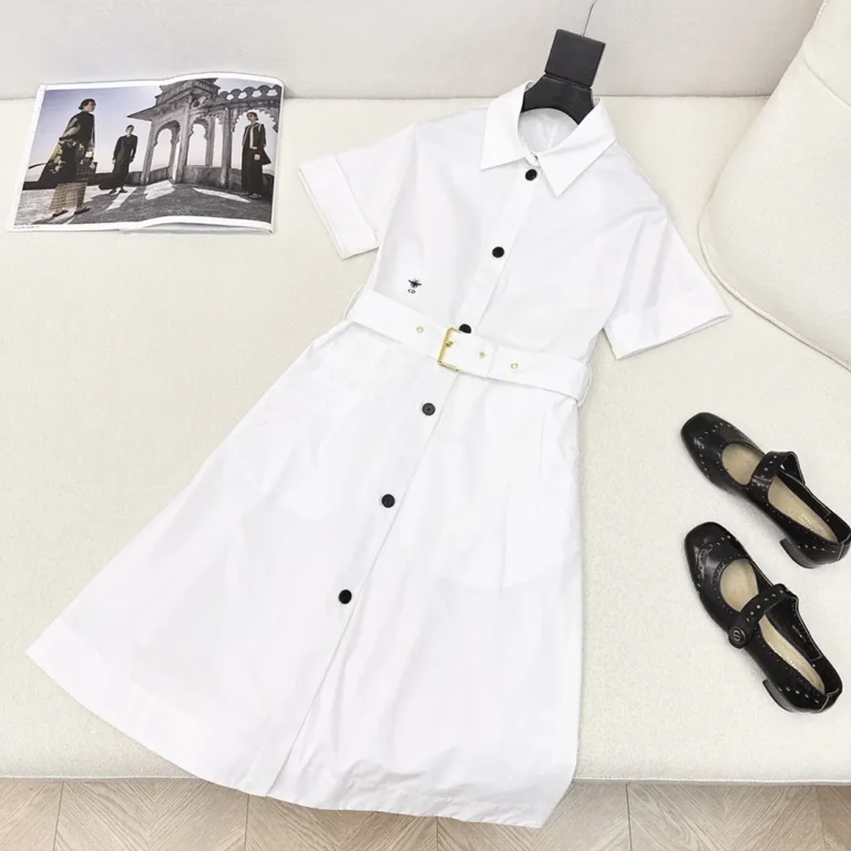 Dior Women Belted Shirtdress Ecru Cotton and Silk Poplin 451R72A3124