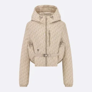 Dior Women Cropped Hooded Jacket Beige Technical Jacquard Taffeta with Dior Oblique Motif