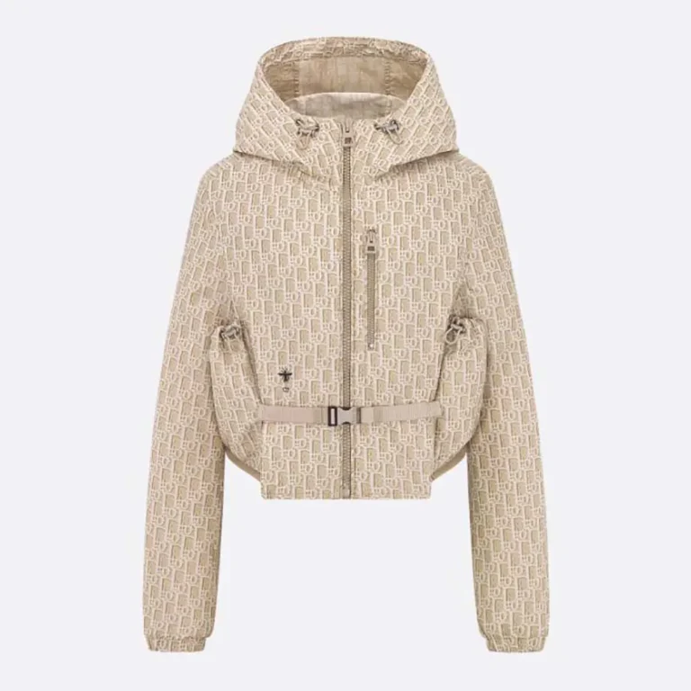 Dior Women Cropped Hooded Jacket Beige Technical Jacquard Taffeta with Dior Oblique Motif