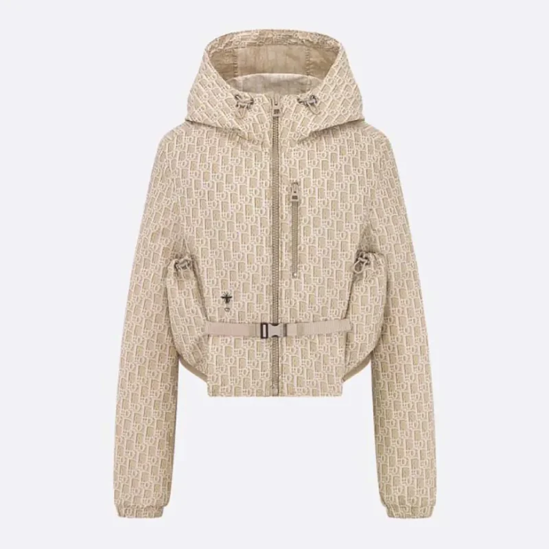 Dior Women Cropped Hooded Jacket Beige Technical Jacquard Taffeta with Dior Oblique Motif