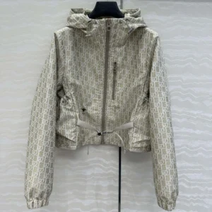 Dior Women Cropped Hooded Jacket Beige Technical Jacquard Taffeta with Dior Oblique Motif