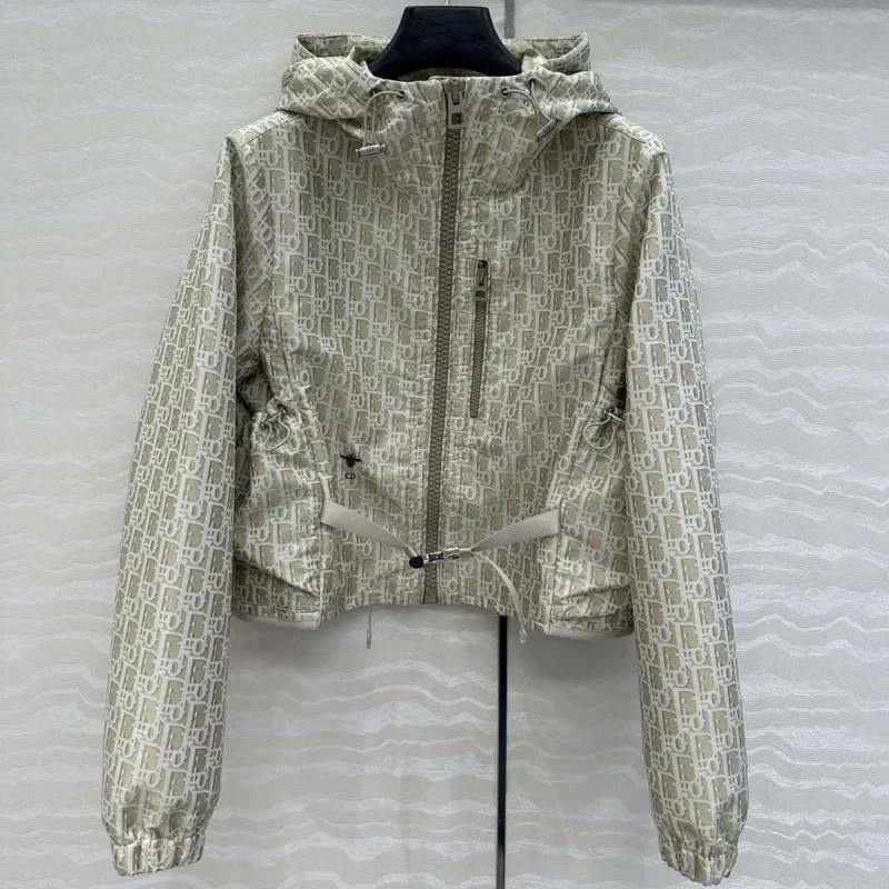 Dior Women Cropped Hooded Jacket Beige Technical Jacquard Taffeta with Dior Oblique Motif