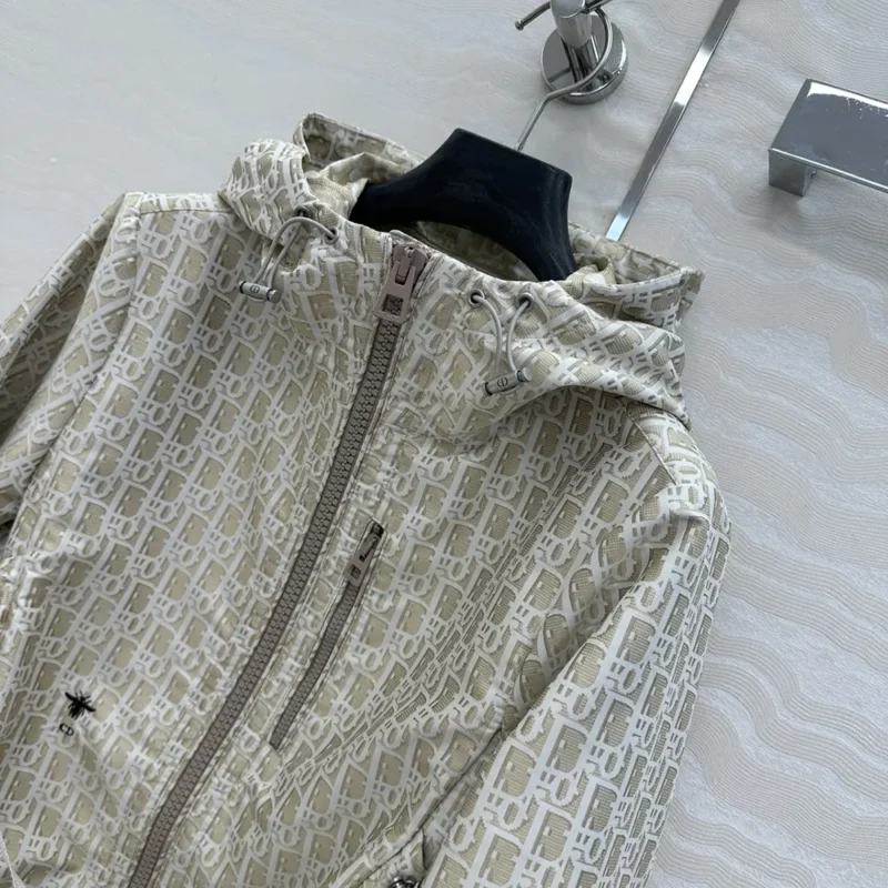 Dior Women Cropped Hooded Jacket Beige Technical Jacquard Taffeta with Dior Oblique Motif