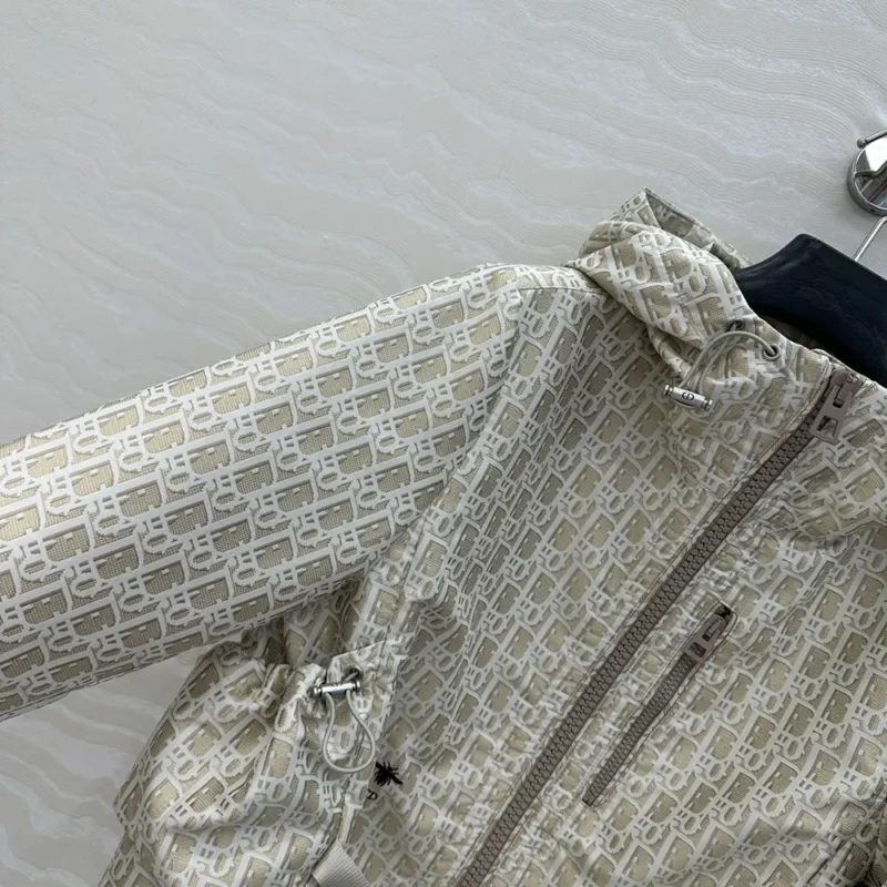Dior Women Cropped Hooded Jacket Beige Technical Jacquard Taffeta with Dior Oblique Motif