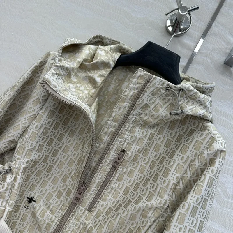 Dior Women Cropped Hooded Jacket Beige Technical Jacquard Taffeta with Dior Oblique Motif