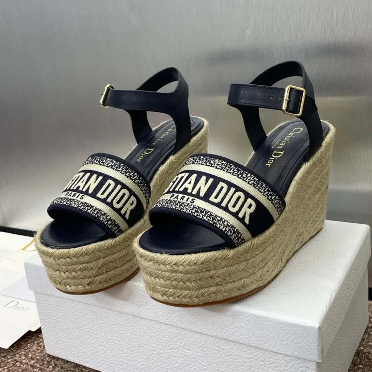Dior Women Dway Wedge Sandal Deep Blue Calfskin and Embroidered Cotton