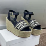 Dior Women Dway Wedge Sandal Deep Blue Calfskin and Embroidered Cotton