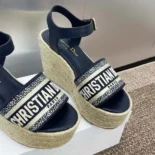 Dior Women Dway Wedge Sandal Deep Blue Calfskin and Embroidered Cotton