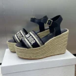 Dior Women Dway Wedge Sandal Deep Blue Calfskin and Embroidered Cotton