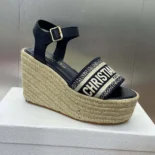 Dior Women Dway Wedge Sandal Deep Blue Calfskin and Embroidered Cotton