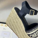 Dior Women Dway Wedge Sandal Deep Blue Calfskin and Embroidered Cotton