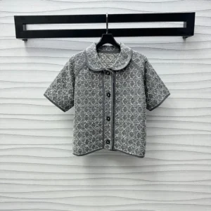 Dior Women Macrocannage Short-Sleeved Jacket Gray Cotton-Blend Tweed Knit