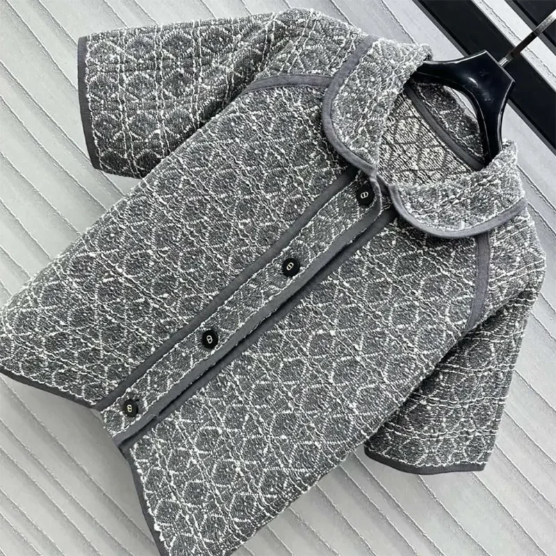 Dior Women Macrocannage Short-Sleeved Jacket Gray Cotton-Blend Tweed Knit