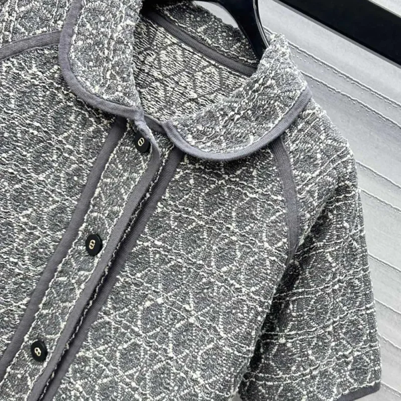 Dior Women Macrocannage Short-Sleeved Jacket Gray Cotton-Blend Tweed Knit