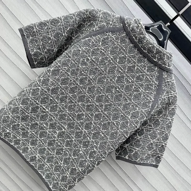 Dior Women Macrocannage Short-Sleeved Jacket Gray Cotton-Blend Tweed Knit