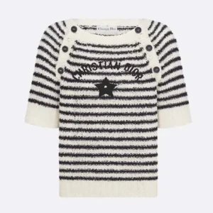 Dior Women Marinière Short-Sleeved Sweater White and Navy Blue Cotton and Silk Knit