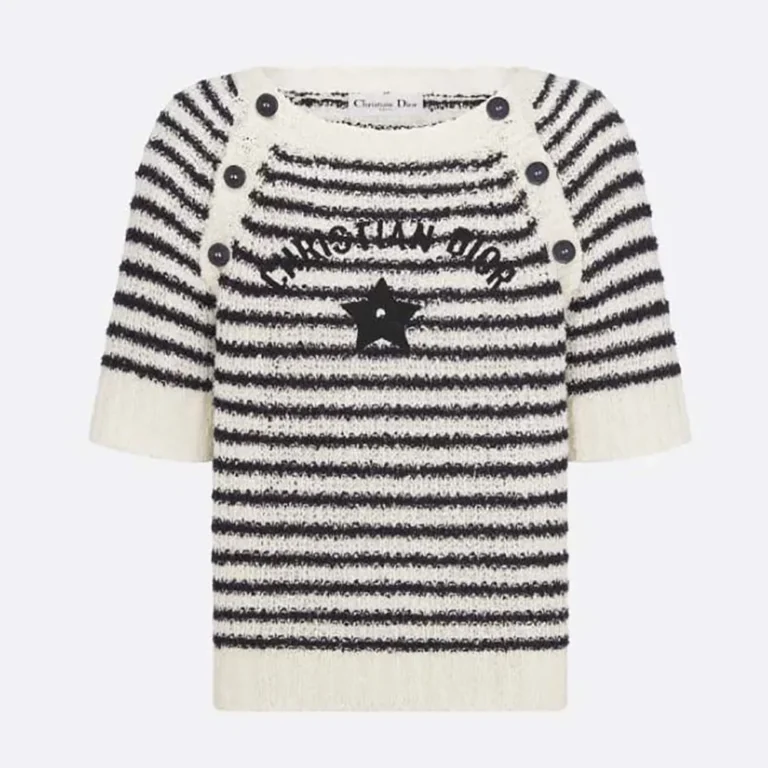 Dior Women Marinière Short-Sleeved Sweater White and Navy Blue Cotton and Silk Knit