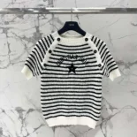 Dior Women Marinière Short-Sleeved Sweater White and Navy Blue Cotton and Silk Knit