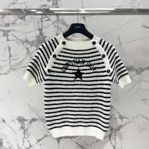 Dior Women Marinière Short-Sleeved Sweater White and Navy Blue Cotton and Silk Knit