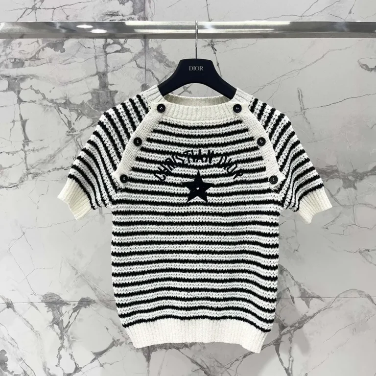 Dior Women Marinière Short-Sleeved Sweater White and Navy Blue Cotton and Silk Knit