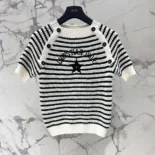 Dior Women Marinière Short-Sleeved Sweater White and Navy Blue Cotton and Silk Knit