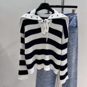 Dior Women Marinière Sweater White and Navy Blue Ribbed Cotton Knit