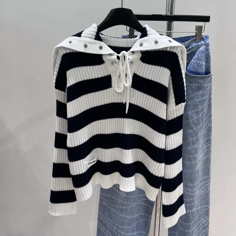 Dior Women Marinière Sweater White and Navy Blue Ribbed Cotton Knit